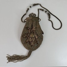 Antique 1920s Glass Beaded Victorian Flapper Purse Ornate Metal Frame W/ Mirror