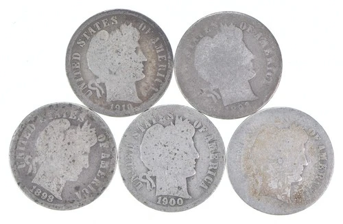 Better Lot 5 1910-D 1892 1898 1900-S 1905-D Barber Dime 0.50 Face *199