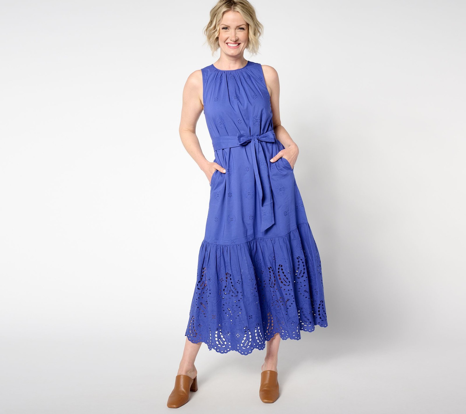 Destination 365 Women's Petite Dress PM Eyelet Sleeveless Maxi Self Blue A653942