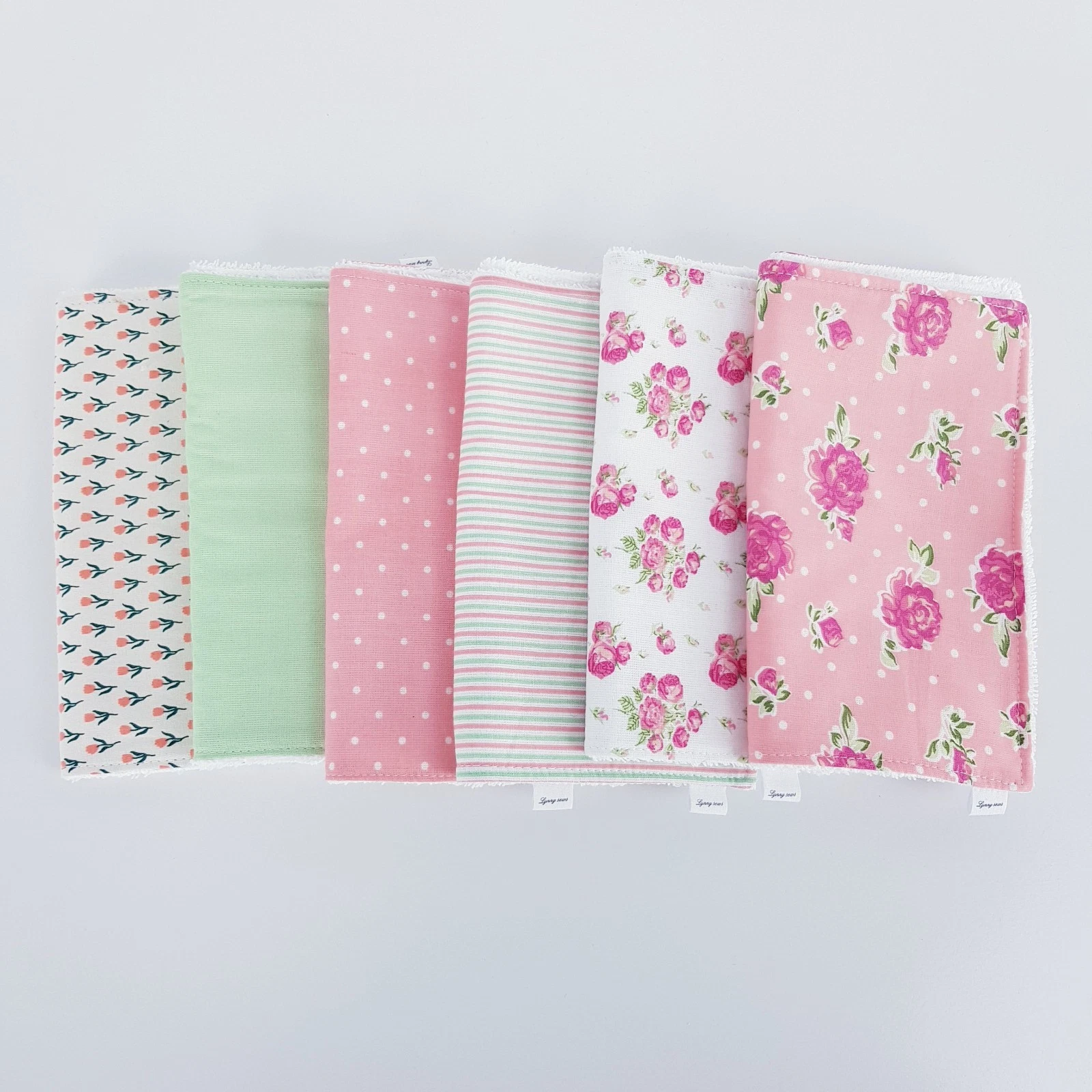 Baby Burp Cloths 6 x Pack Pink Green Floral Patterned Toweling Backed Handmade