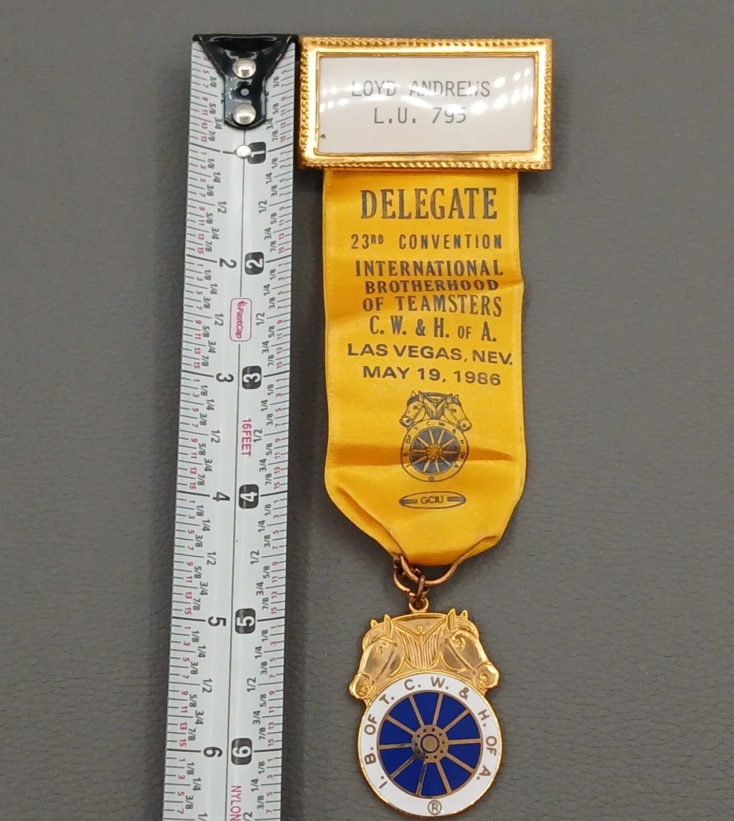 Teamsters Delegate Badge Keyring 6" Gold Yellow Ribbon 1986 Las Vegas Convention image 22
