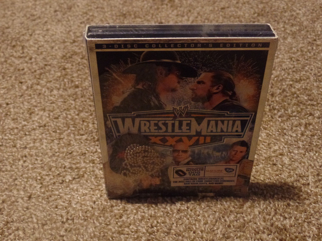 WRESTLEMANIA 27 XXVII wwe 3 dvd BRAND NEW FYE EXCLUSIVE W/DOG TAG