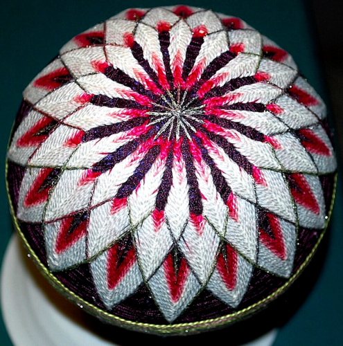 Vtg JAPANESE TEMARI THREAD HAND BALL Traditional Handmade FOLK ART Large Purple