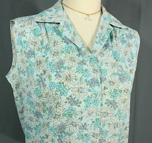 Vintage Floral Daisies Sleeveless Collared Blouse Button Shirt M 1970s Country - Picture 2 of 6