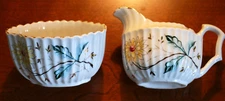 ANTIQUE SUGAR BOWL & CREAMER SET Victorian c1880 Hand Painted Porcelain W Gold 
