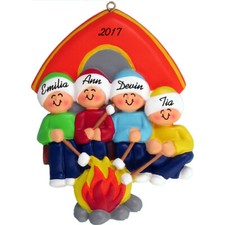 Personalized Christmas Ornament - Family of 4 Tent Camping Roasting Marshmallows