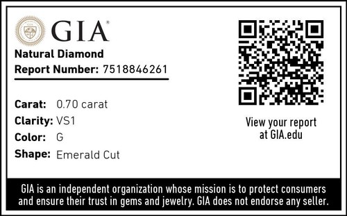 GIA Certified 0.70 Carats G Color, VS1 clarity Emerald Cut Natural Diamond - Picture 5 of 5