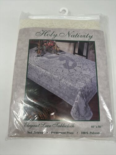 Fabric Lace Tablecloth Christmas Holy Nativity Holiday Oval 60"x 86" NOS NEW USA