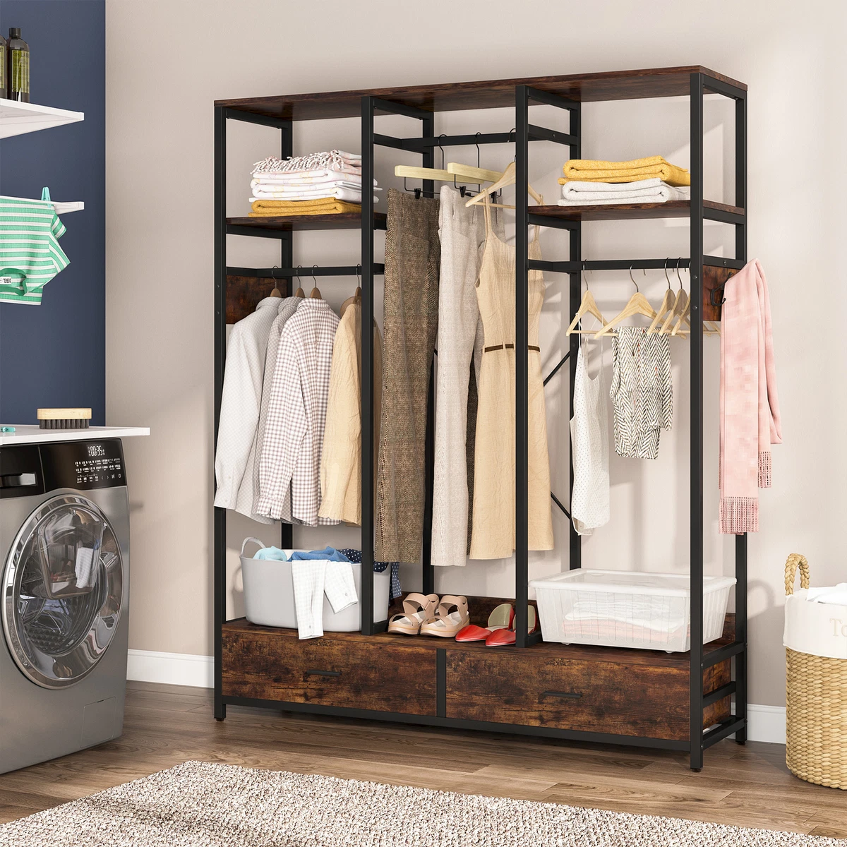 Freestanding Closet Organizer, Heavy Duty Clothes Garment Rack with Shelves