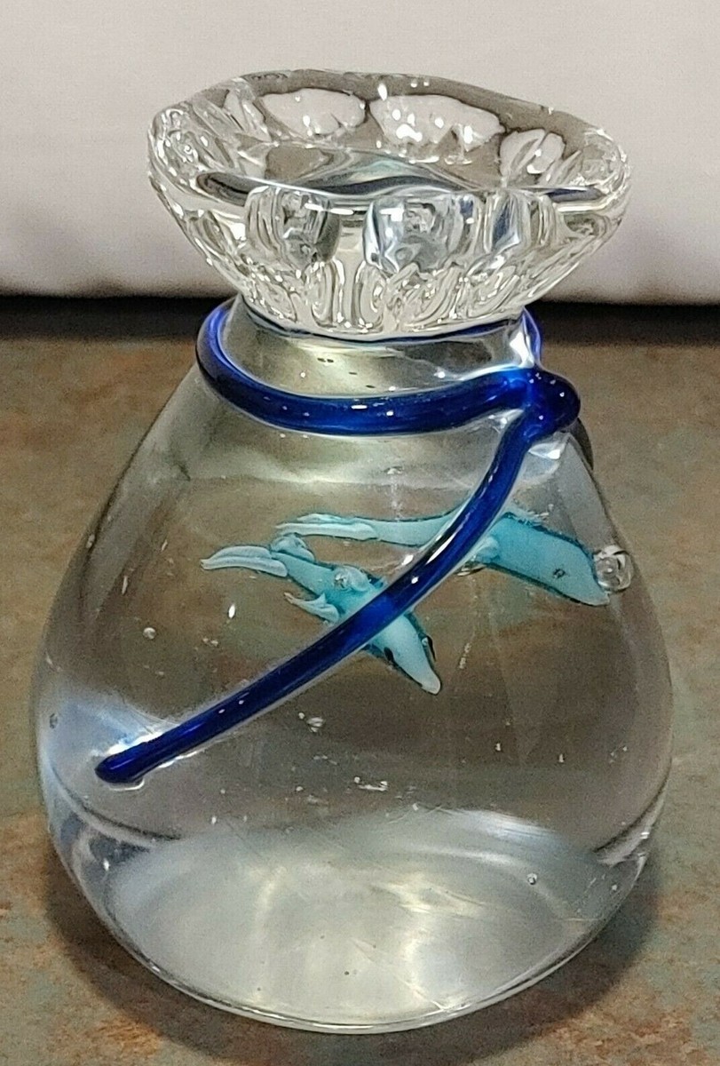 Vintage Hand Blown Studio Art Glass Fish In Glass Bag Paperweight Blue  Ribbon