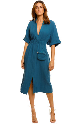 KITX Linen Declaration Shirt Plunge Dress Blue Workwear Size 10 AU Preloved