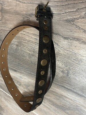 DKNY BLACK SUEDE LEATHER BELT BRONZE LOGO BUTTONS ACCENTS  display picture 3