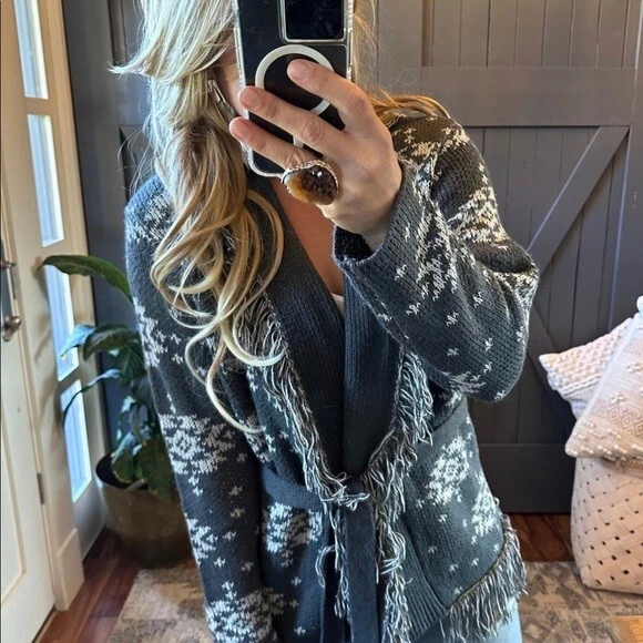 XL New Women s Fringe Long Grey Belted Cardigan Sweater Coat Boho