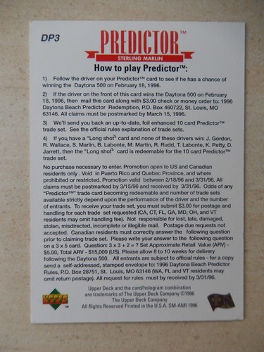 Sterling Marlin Autographed 1996 Upper Deck Predictor Racing Card - Picture 3 of 3