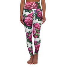 High Waisted Yoga Leggings AOP . Garden Roses and leaves, White background.