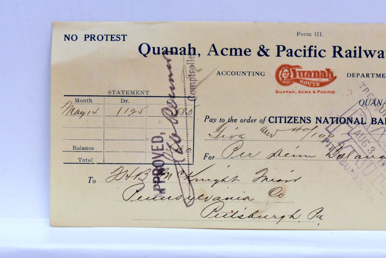 Quanah Acme & Pacific Railway Texas 1914 Antique Bank Check eBay