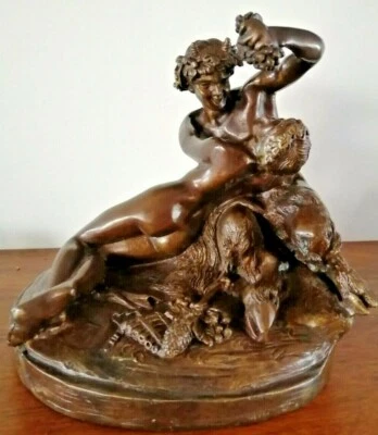 Ancienne sculpture en bronze signée Clodion Faune satyre et nymphe - Photo 1/4