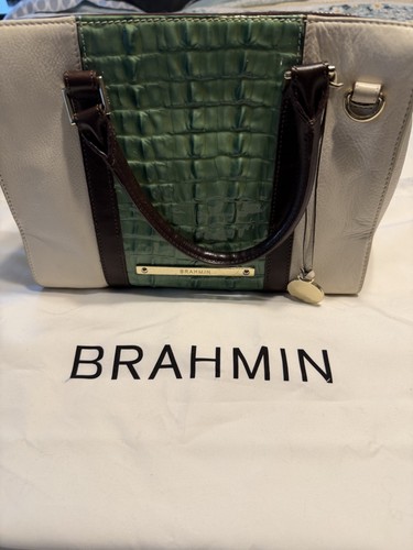Brahmin Leather Satchel Crossbody Cream Green Croc Brown Gold Handbag
