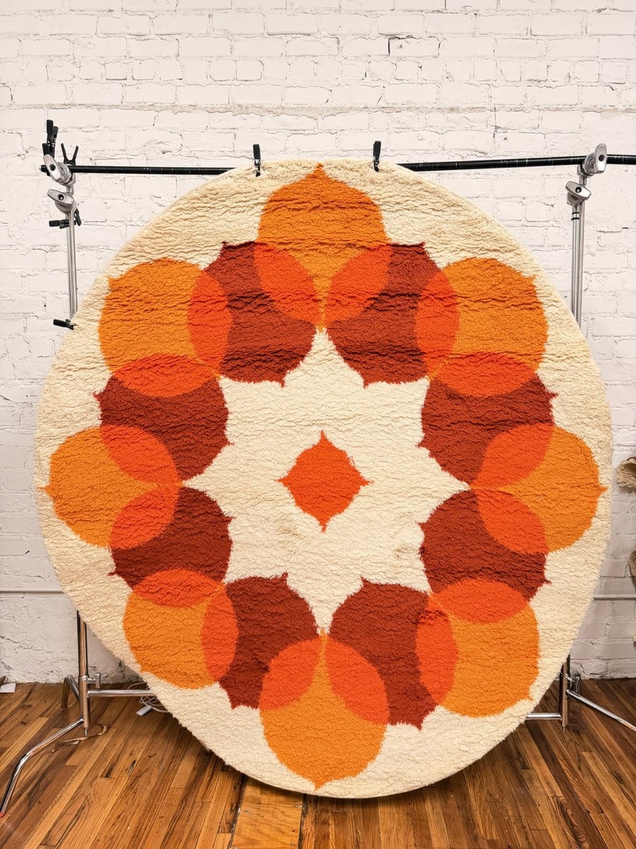 70s Hojer Eksport Wilton Scandinavian Round Rya Rug UNUSED Mid