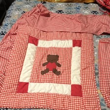Red White Teddy Bear Embroidered Cotton Crib Quilt Nursery Bedding Set