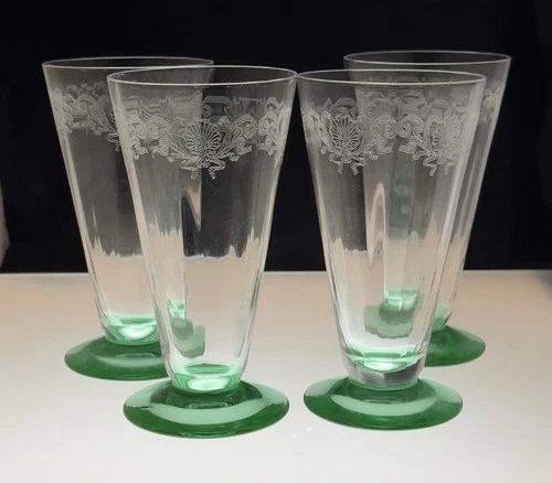 4 Uranium Depression Glass Etched Footed Cocktail Glasses Cups Uranium 6”H