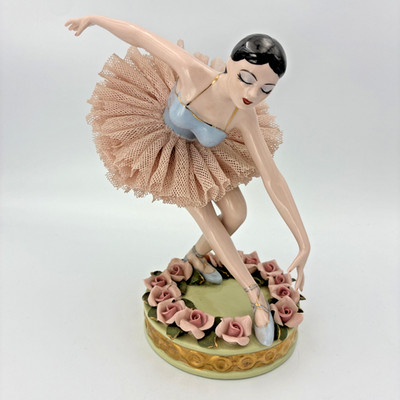 Large Vintage Porcelain Ballerina Figurine w/ Lace Tutu & Roses   8.5  Tall