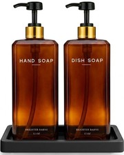Amber Glass Hand and Dish Soap Dispenser Set by - 12oz Kitchen Soap Dispenser...