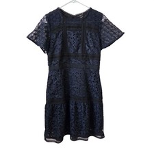 Ann Taylor Petite Sz 4P Navy Floral Lace Short Sleeve Dress Fit & Flare Cocktail