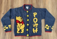 RARE Vintage 90s Winnie The Pooh With Bee Buttons Knit Cardigan Sweater Sz 6 Kid