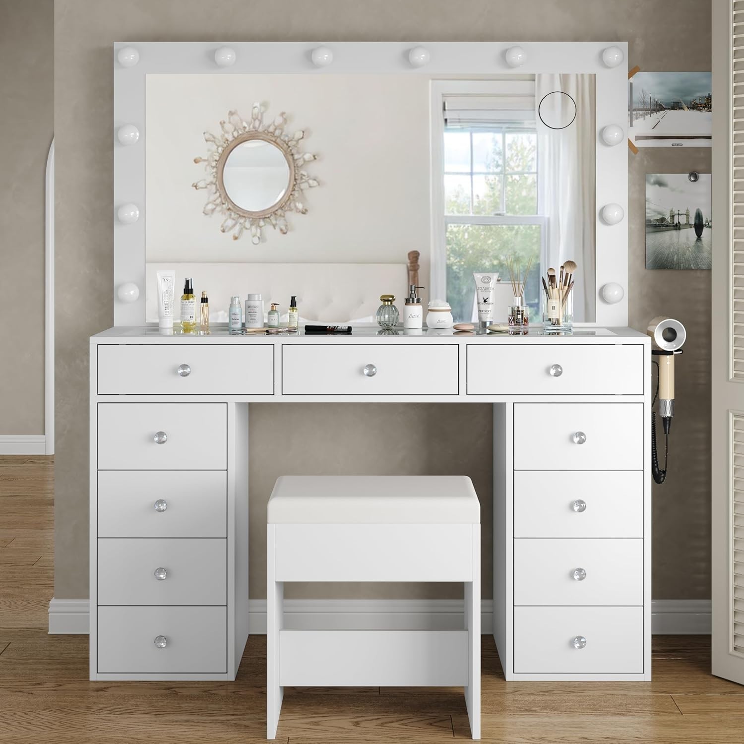 Vanity Desk with Mirror, Makeup Vanity 11 Drawers & Chair, W