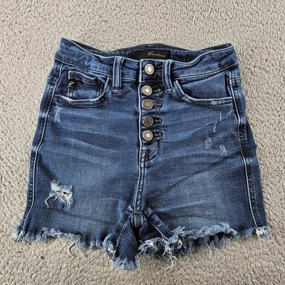 Kancan High Rise Distressed Denim Shorts Womens Small Dark Wash Button Fly Beach