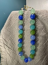 Faceted Blue Green Aqua Glass Beaded Statement Necklace with Toggle Clasp