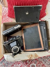 Lot of 2 Antique Cameras, 6 Camera Plates, One With Glass Old Case