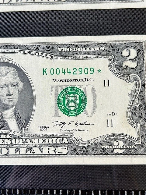 (3) Two Dollar Star Note Double 0s Fancy Serial Number 2009 Series Consecutive - Image 3 of 4