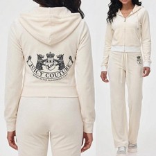 Y2K Juicy Couture 2011 Velour Tracksuit Hoodie Pants XL Cream Bling Corgi Dog