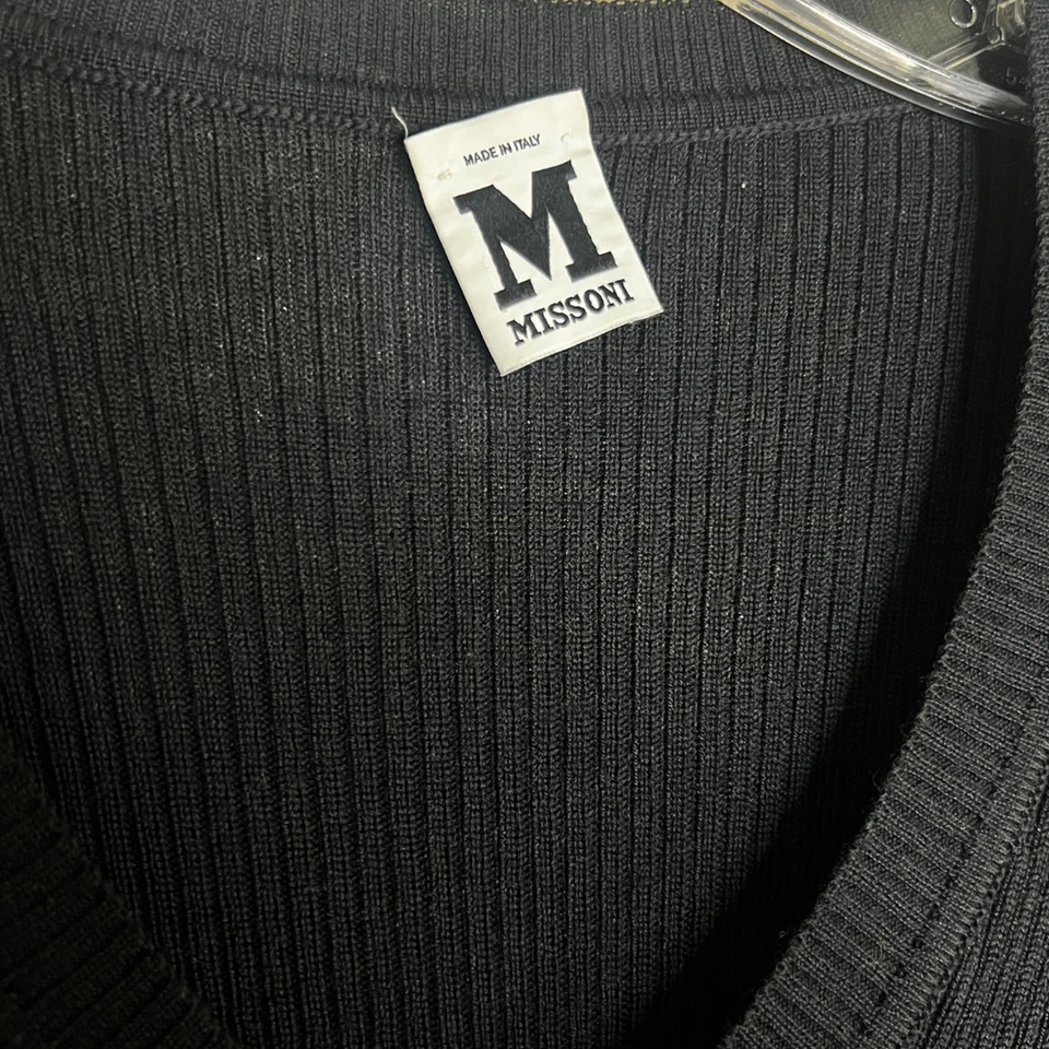 M Missoni Knit Dress Sz 0 Black Chevron V Neck Bell Sleeve Wool Blend Italy - Image 3 of 4