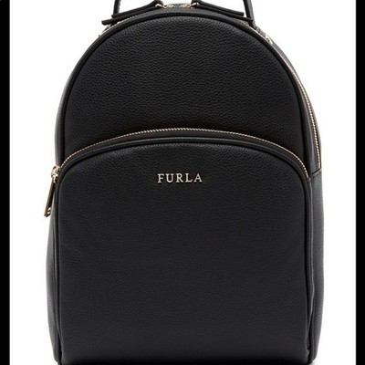 FURLA Genuine Pebbled Leather Backpack Bag Black Pocketed Luxury