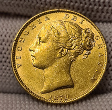 Full Sovereign Coin 1879 Shield Back Sydney Mint Young Head 22 Carat Solid Gold