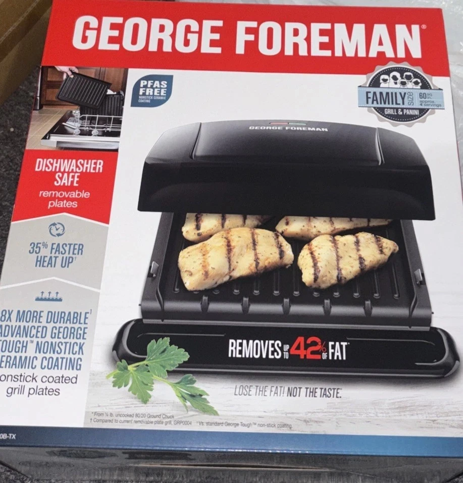 Family Size George Foreman 4-Serving Grill & Panini Removable Plates Black New