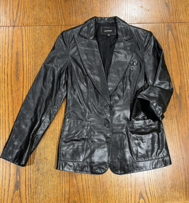 Express Womens Genuine Leather Blazer Jacket Front Pockets d Size 7/8 Black 