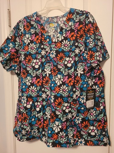 NEU/ETIKETT Wonder Flex Blumenmuster Damen Peeling Top. 2X Baumwolle/Spandex