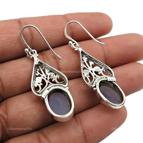 Orecchini Pendenti In Labradorite Ovale Con Incastonatura In Argento Sterling - Foto 4 di 8