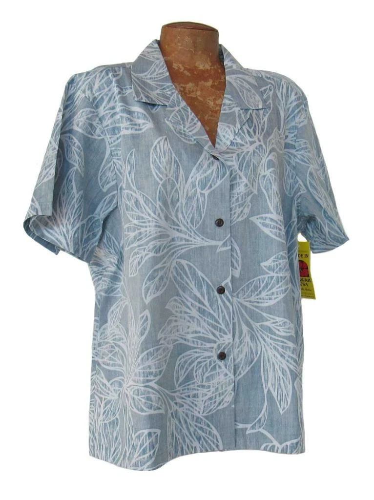 NEW Pretty Light Blue Hibiscus Leaf 100% Cotton Ladies Hawaiian Blouse XXL