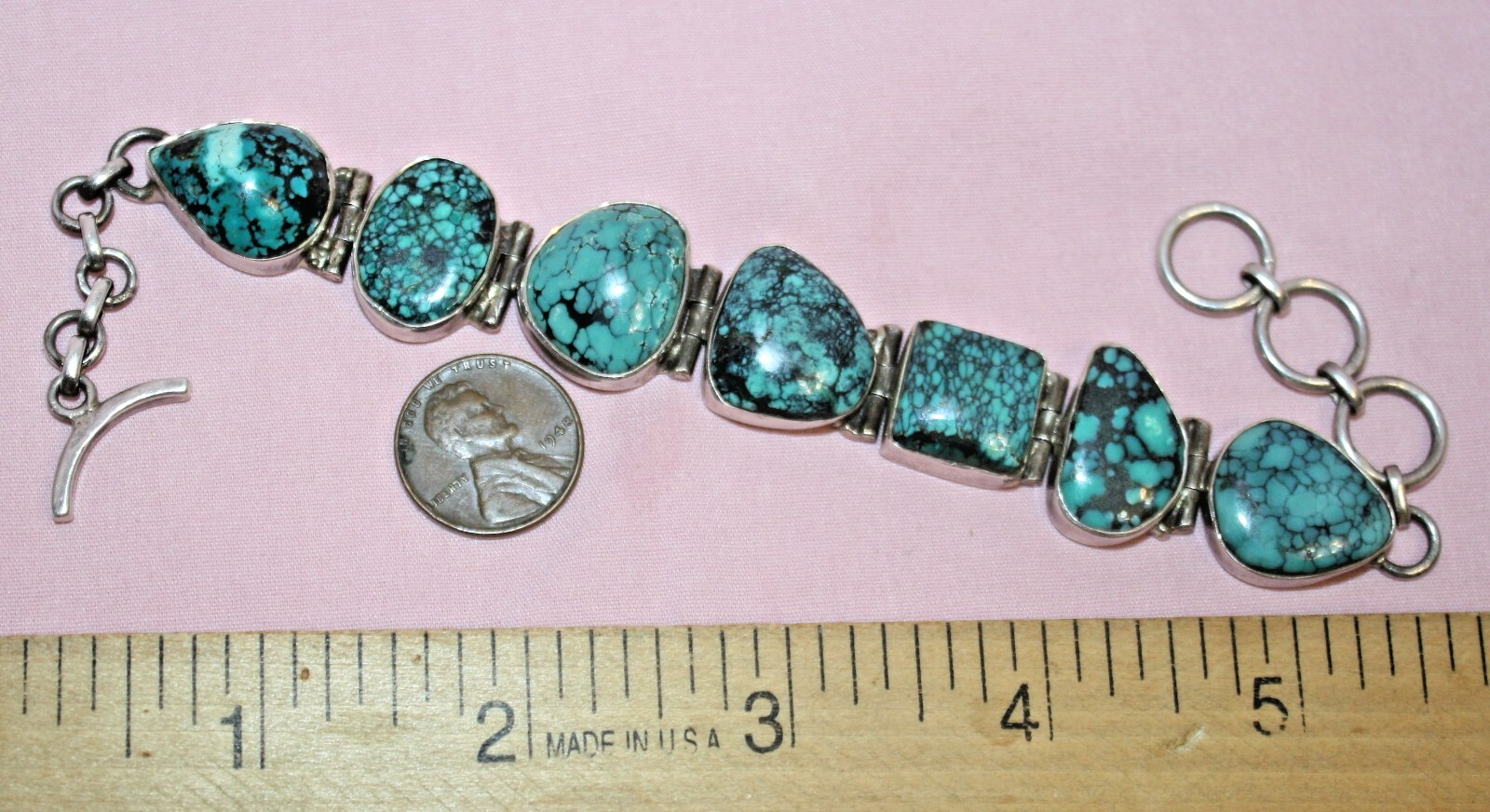 Heavy Vintage SW Style Turquoise 925 Sterling Silver Bracelet Toggle 7-8