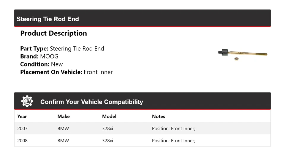 Для 2007-2008 BMW 328xi конец рулевого анкерного стержня передний внутренний MOOG - Изображение 2 из 4