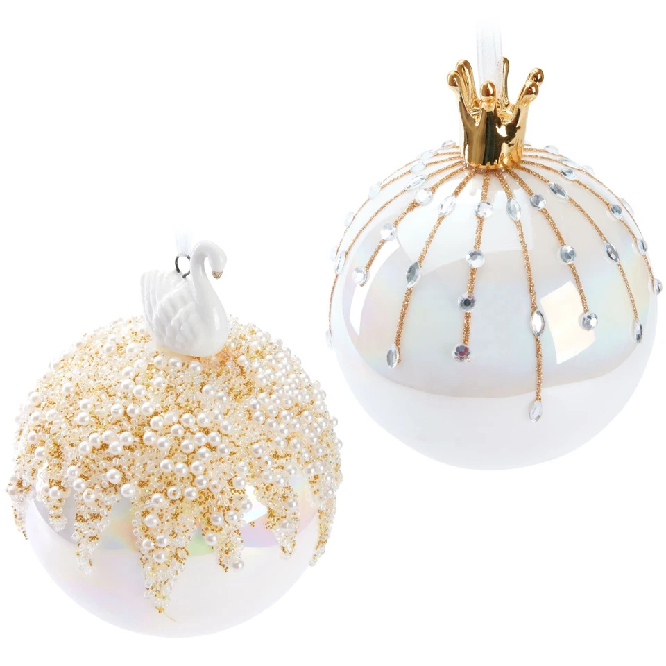 Weihnachtskugel Glaskugel 10 cm Perlmut Strass Perlen Porzellan Krone Schwan