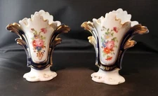 Vieux Paris Porcelain Pair of Spill Vases-Cobalt/White/Gold/Hand Painted Florals