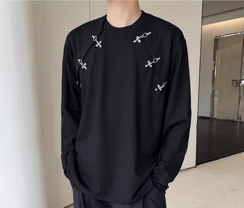 Men's Fashion Round Collar Metal Decor Long Sleeve Loose Casual T-Shirt Party - Picture 8 of 18