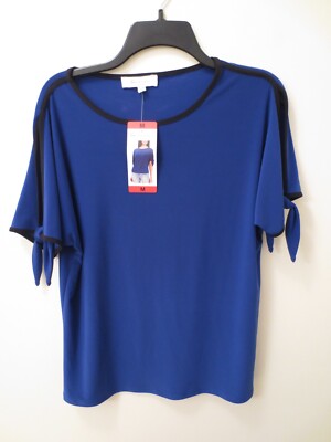 NEW Sz M Two by Vince Camuto Goddess Relaxed Top Tie Short Sleeve Blue/Black