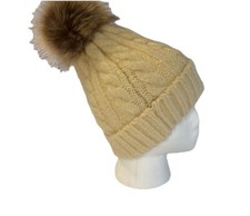 FRYE CO Cable Knit Beanie Cap Faux Fur Pom Cream Winter Hat Retail 30